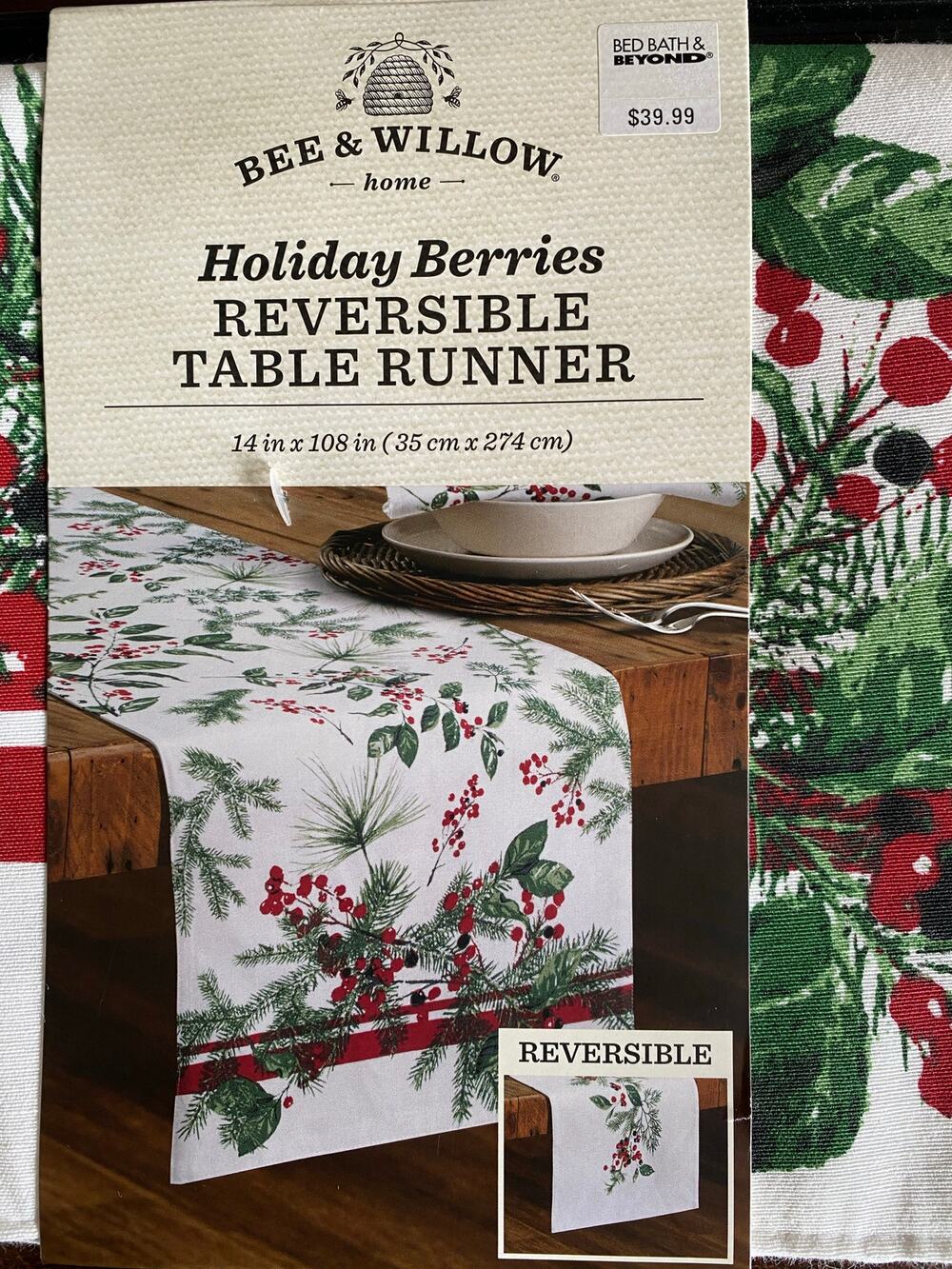 NWT Bee & Willow Holiday Berries Reversible Table Runner 14" X 108"